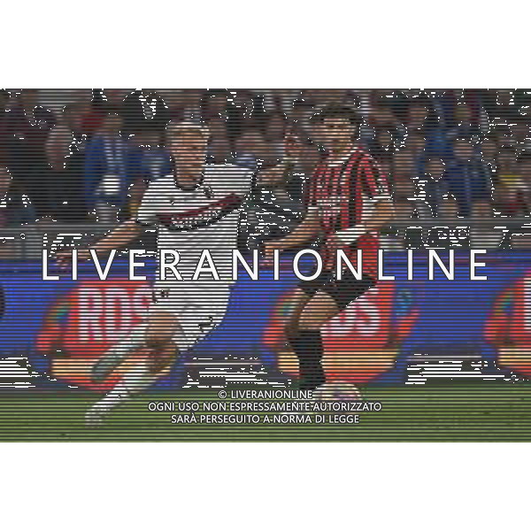 TVRG Milan vs Bologna nella foto Jens Odgaard (Bologna) e sulla DX Joao Felix Sequeira (Milan) Roma 14-05-2025 Stadio Olimpico finale Coppa Italia Frecciarossa foto Roberto Garavaglia/Agenzia Aldo Liverani sas