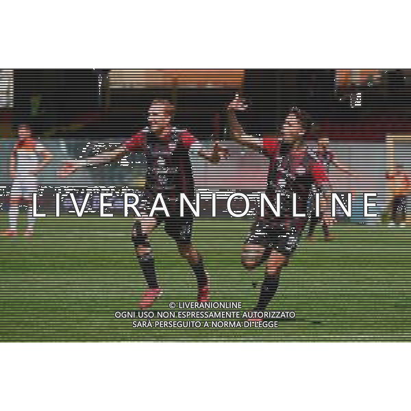 TVEM May 17, 2025 Foggia, Italy - Foggia vs ACR Messina - Italian soccer serie C 2024/25 - Pino Zaccheria Stadium. In the pic: Michele Emmausso of Foggia celebrates after scoring a goal with Emmanuele Salines of Foggia foto emmanuele mastrodonato-ag aldo liverani sas