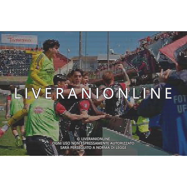 TVEM May 17, 2025 Foggia, Italy - Foggia vs ACR Messina - Italian soccer serie C 2024/25 - Pino Zaccheria Stadium. In the pic: Michele Emmausso of Foggia celebrates after scoring a goal with teammates foto emmanuele mastrodonato-ag aldo liverani sas