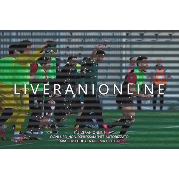 TVEM May 17, 2025 Foggia, Italy - Foggia vs ACR Messina - Italian soccer serie C 2024/25 - Pino Zaccheria Stadium. In the pic: Michele Emmausso of Foggia, coach Antonio Gentile of Foggia and Foggia players celebrate their play-out victory FOTO EMMANUELE MASTRODONATO-AG ALDO LIVERANI SAS