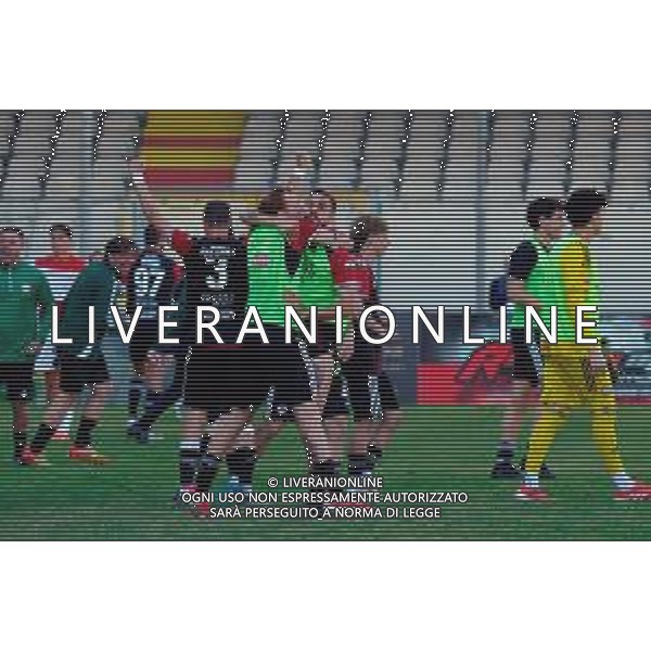 TVEM May 17, 2025 Foggia, Italy - Foggia vs ACR Messina - Italian soccer serie C 2024/25 - Pino Zaccheria Stadium. In the pic: Simone Tascone of Foggia, Emmanuele Salines of Foggia, Gianfilippo Felicioli of Foggia celebrate their play-out victory FOTO EMMANUELE MASTRODONATO-AG ALDO LIVERANI SAS