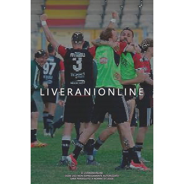 TVEM May 17, 2025 Foggia, Italy - Foggia vs ACR Messina - Italian soccer serie C 2024/25 - Pino Zaccheria Stadium. In the pic: Simone Tascone of Foggia, Emmanuele Salines of Foggia, Gianfilippo Felicioli of Foggia celebrate their play-out victory FOTO EMMANUELE MASTRODONATO-AG ALDO LIVERANI SAS