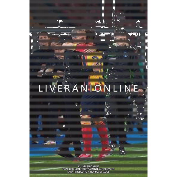 TVEM May 18, 2025 Lecce, Italy - US Lecce vs Torino FC - Italian soccer serie A 2024/25 - Via Del Mare Stadium. In the pic: Ylber Ramadani of US Lecce celebrates after scoring a goal with coach Marco Giampaolo of US Lecce foto emmanuele mastrodonato-ag aldo liverani sas