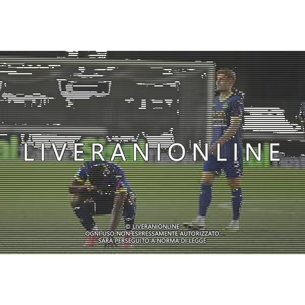 Nicolas Valentini of Hellas Verona FC and Daniel Mosquera of Hellas Verona FC expresses disappointment at the end of Hellas Verona FC vs Como FC 1907, 37° Serie A Enilive 2024-25 game at Marcantonio Bentegodi stadium in Verona (VR), Italy, on May 18, 2025. (Photo by Davide Casentini)- AGENZIA ALDO LIVERANI SAS