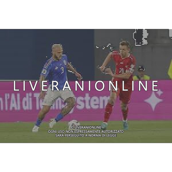 Federico Dimarco of Italy competes for the ball with Sergiu Plătică of Moldova during Italy vs Moldova, European Qualifier, 2nd group match, game at Mapei Stadium - Città del Tricolore in Reggio nell\'Emilia (RE), Italy, on June 09, 2025. (Photo by Davide Casentini)- AGENZIA ALDO LIVERANI SAS