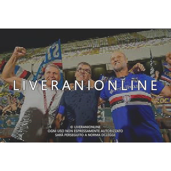 TVEM June 22, 2025 Salerno, Italy - US Salernitana 1919 vs UC Sampdoria - Italian Soccer Serie BKT Playout match 2024/25 - Arechi Stadium. In the pic: coach Alberico Evani of UC Sampdoria, Giovanni Invernizzi and Attilio Lombardo celebrates with Supporters of UC Sampdoria ©TVEM Emmanuele Mastrodonato - AGENZIA ALDO LIVERANI SAS