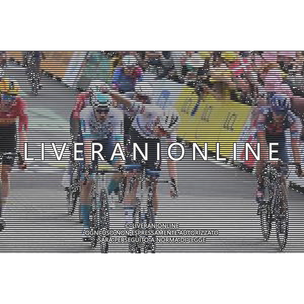 07-07-2025 Tour De France; Tappa 03 Valenciennes - Dunkerque; 2025, Soudal - Quick Step; 2025, Bahrain - Victorious; Merlier, Tim; Bauhaus, Phil; Dunkerque; ©SIROTTI - AGENZIA ALDO LIVERANI SAS