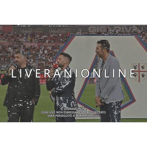 2-8-2025. Cagliari calcio-A.S. Saint Etienne. 1¬ trofeo Gigi Riva, stadio Unipol Domus CagliariFoto Salvatore Moi/Agenzia Aldo Liverani s.as. Nella foto: da sinista a destra: Gennaro Gattuso allenatore nazionale calcio Italia, presentatore radio RDS, Gianluigi Buffon dirigente nazionale calcio Italia