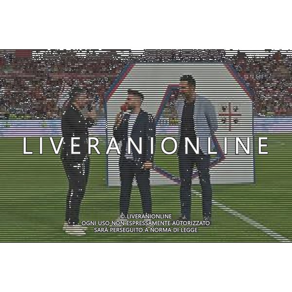2-8-2025. Cagliari calcio-A.S. Saint Etienne. 1¬ trofeo Gigi Riva, stadio Unipol Domus Cagliari. Foto Salvatore Moi/Agenzia Aldo Liverani s.as. Nella foto: da sinista a destra: Gennaro Gattuso allenatore nazionale calcio Italia, presentatore radio RDS, Gianluigi Buffon dirigente nazionale calcio Italia