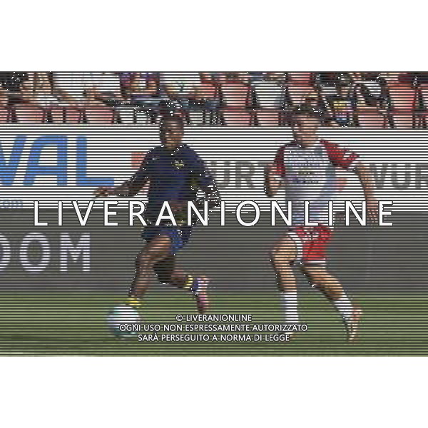 Jackson Tchatchoua of Hellas Verona FC battle for the ball with Federico Davi of FC Sudtirol during SudTirol vs Hellas Verona FC, 4° Test Match, at Druso stadium in Bolzano (BZ), on August 03, 2025. (Photo by Davide Casentini) AG ALDO LIVERANI SAS
