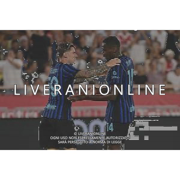 TVRG Monaco vs Inter nella foto Nicola Zalewski (Inter) e Ange-Yoan Bonny (Inter) esultanza dopo il gol del 2 a 1 Monaco (MC) 08-08-2025 Stade Louis II Monaco vs Inter - amichevole precampionato foto Roberto Garavaglia/Agenzia Aldo Liverani sas