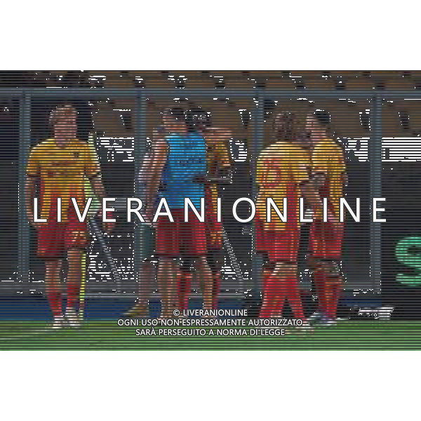 TVEM August 15, 2025 Lecce, Italy - US Lecce vs SS Juve Stabia - Coppa Italia round of 32 match 2025/26 - Via Del Mare Stadium. In the pic: Mohamed Kaba of US Lecce celebrates after scoring a goal with Nikola Krstovic of US Lecce ©TVEM Emmanuele Mastrodonato - AGENZIA ALDO LIVERANI SAS