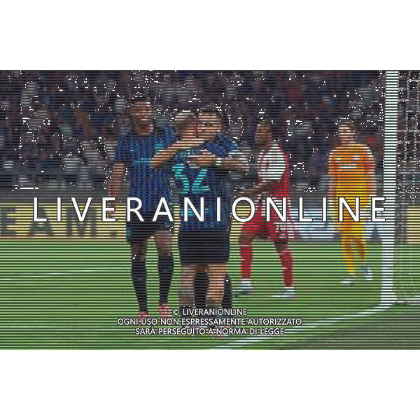 TVEM August 16, 2025 Bari, Italy - FC Inter vs Olympiacos FC - friendly match - San Nicola Stadium. In the pic: Federico Dimarco of FC Inter celebrates after scoring a goal with Lautaro Martínez of FC Inter ©TVEM Emmanuele Mastrodonato - AGENZIA ALDO LIVERANI SAS