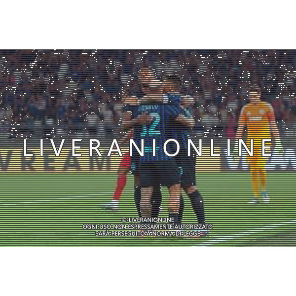 TVEM August 16, 2025 Bari, Italy - FC Inter vs Olympiacos FC - friendly match - San Nicola Stadium. In the pic: Federico Dimarco of FC Inter celebrates after scoring a goal with Lautaro Martínez of FC Inter and Denzel Dumfries of FC Inter ©TVEM Emmanuele Mastrodonato - AGENZIA ALDO LIVERANI SAS
