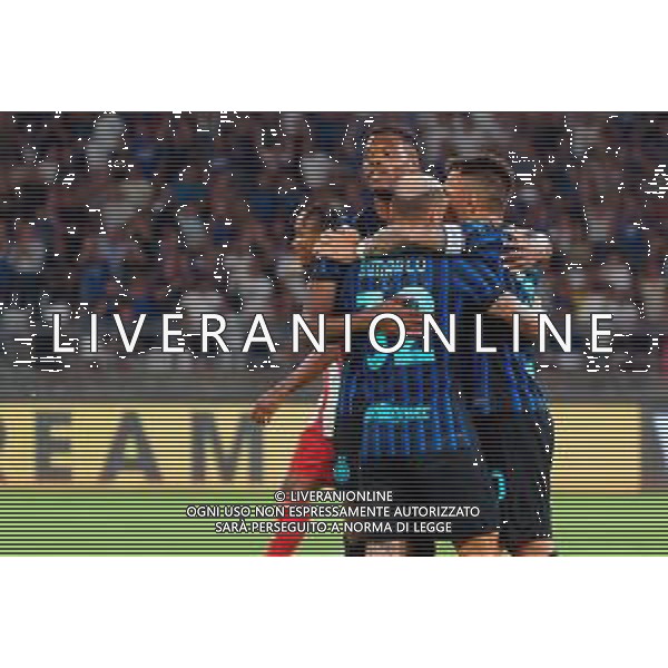 TVEM August 16, 2025 Bari, Italy - FC Inter vs Olympiacos FC - friendly match - San Nicola Stadium. In the pic: Federico Dimarco of FC Inter celebrates after scoring a goal with Lautaro Martínez of FC Inter and Denzel Dumfries of FC Inter ©TVEM Emmanuele Mastrodonato - AGENZIA ALDO LIVERANI SAS