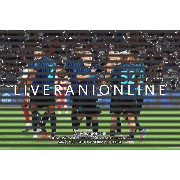 TVEM August 16, 2025 Bari, Italy - FC Inter vs Olympiacos FC - friendly match - San Nicola Stadium. In the pic: Federico Dimarco of FC Inter celebrates after scoring a goal with teammates ©TVEM Emmanuele Mastrodonato - AGENZIA ALDO LIVERANI SAS