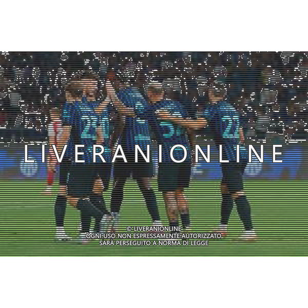 TVEM August 16, 2025 Bari, Italy - FC Inter vs Olympiacos FC - friendly match - San Nicola Stadium. In the pic: Federico Dimarco of FC Inter celebrates after scoring a goal with teammates ©TVEM Emmanuele Mastrodonato - AGENZIA ALDO LIVERANI SAS