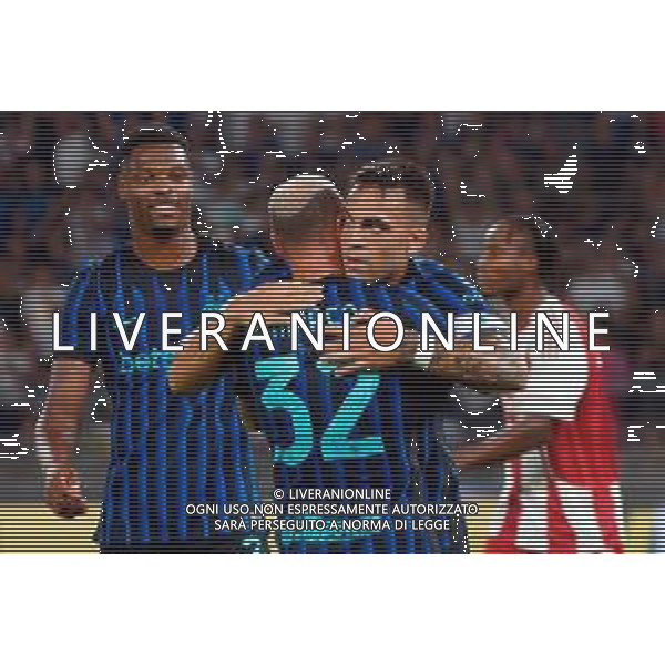 TVEM August 16, 2025 Bari, Italy - FC Inter vs Olympiacos FC - friendly match - San Nicola Stadium. In the pic: Federico Dimarco of FC Inter celebrates after scoring a goal with Lautaro Martínez of FC Inter ©TVEM Emmanuele Mastrodonato - AGENZIA ALDO LIVERANI SAS