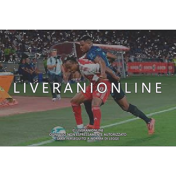 TVEM August 16, 2025 Bari, Italy - FC Inter vs Olympiacos FC - friendly match - San Nicola Stadium. In the pic: Bruno Onyemaechi of Olympiakos FC in action against Denzel Dumfries of FC Inter ©TVEM Emmanuele Mastrodonato - AGENZIA ALDO LIVERANI SAS