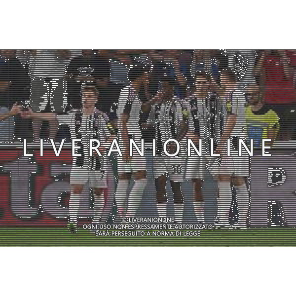 Atalanta vs Juventus nella foto giocatori Juventus esultanza dopo il gol dell\'1 a 0 Bergamo 16-08-2025 Stadio di Bergamo Atalanta vs Juventus - amichevole precampionato foto Roberto Garavaglia/Agenzia Aldo Liverani sas- AGENZIA ALDO LIVERANI SAS