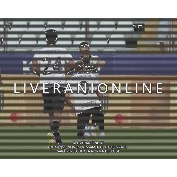 Matteo Pellegrino of Parma AC celebrates after scoring with Emanuele Valeri of Parma AC during Parma Calcio vs Pescare Calcio, 32° leg of Coppa Italia Frecciarossa 2025-26 game at Ennio Tardini stadium in Parma (PR), Italy, on Agust 17, 2025. (Photo by Davide Casentini)- AGENZIA ALDO LIVERANI SAS