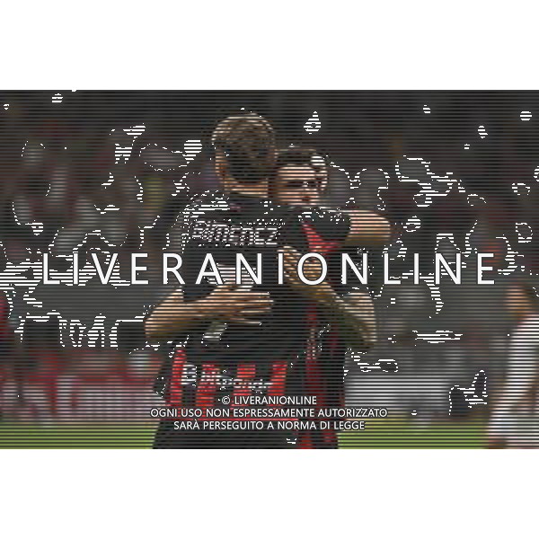 Milan vs Bari nella foto Santiago Gimenez (Milan) e Christian Mate Pulisic (Milan) esultanza dopo il gol del 2 a 0 Milano 17-08-2025 Stadio Giuseppe Meazza - San Siro Milan vs Bari Coppa Italia Frecciarossa - trentaduesimi di finale foto Roberto Garavaglia/Agenzia Aldo Liverani sas
