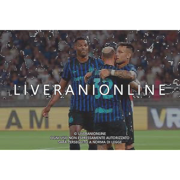 TVEM August 16, 2025 Bari, Italy - FC Inter vs Olympiacos FC - friendly match - San Nicola Stadium. In the pic: Federico Dimarco of FC Inter celebrates after scoring a goal with Lautaro Martínez of FC Inter foto emmanuele mastrodonato-ag aldo liverani sas