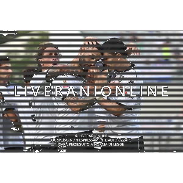 TVRG Spezia vs Sampdoria nella foto da SX Salvatore Esposito (Spezia), Gabriele Artistico (Spezia) e Giuseppe Di Serio (Spezia) esultanza dopo il gol dell\'1 a 1 di Gabriele Artistico (Spezia) La Spezia 18-08-2025 Stadio Alberto Picco Spezia vs Sampdoria - trentaduesimi di finale Coppa Italia Frecciarossa foto Roberto Garavaglia/Agenzia Aldo Liverani sas