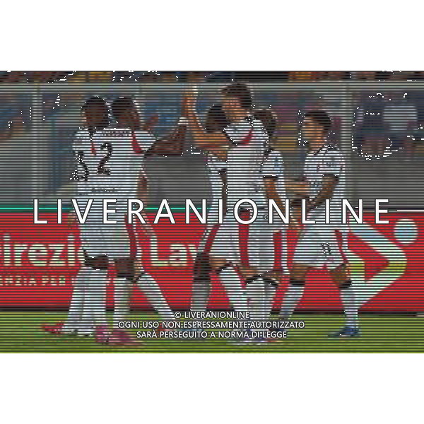 TVEM September 29, 2025 Lecce, Italy - US Lecce vs AC Milan - Italian soccer serie A 2024/25 - Via Del Mare Stadium. In the pic: Christian Pulisic of AC Milan celebrates after scoring a goal with teammates foto emmanuele mastrodonato-ag aldo liverani sas