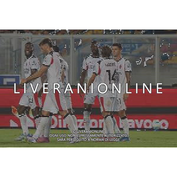 TVEM September 29, 2025 Lecce, Italy - US Lecce vs AC Milan - Italian soccer serie A 2024/25 - Via Del Mare Stadium. In the pic: Christian Pulisic of AC Milan celebrates after scoring a goal with teammates foto emmanuele mastrodonato-ag aldo liverani sas