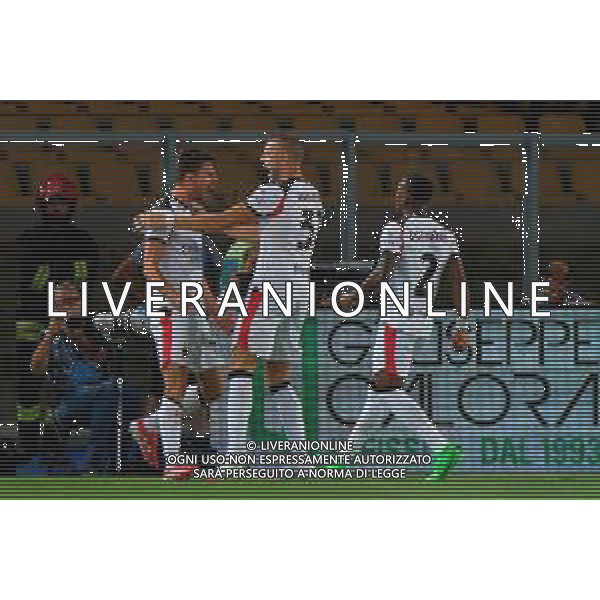 TVEM September 29, 2025 Lecce, Italy - US Lecce vs AC Milan - Italian soccer serie A 2024/25 - Via Del Mare Stadium. In the pic: Matteo Gabbia of AC Milan celebrates after scoring a goal with Strahinja Pavlovic of AC Milan and Pervis Estupinan of AC Milan that was after disallowed FOTO EMMANUELE MASTRODONATO-AG ALDO LIVERANI SAS