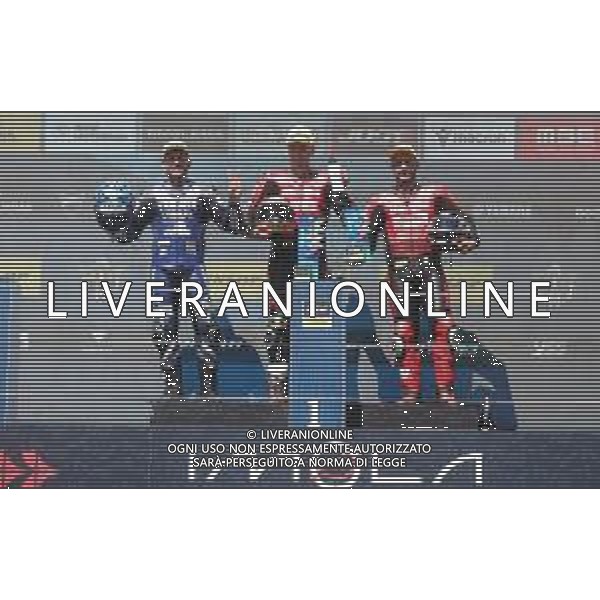 IMOLA 06 09 2025 AUTODROMO ENZO E DINO FERRARI CAMPIONATO ITALIANO VELOCITA\' (CIV) GARA SUPERBIKE - PRODUCTION BIKE VINCITORE IMOLESE SAMUELE CAVALIERI NELLA FOTO DA SINISTRA SECONDO DELLA GARA ALESSANDRO DELBIANCO,VINCITORE SAMUELE CAVALIERI,TERZO POSTO LUCA VITALI ©SANNA - AGENZIA ALDO LIVERANI SAS