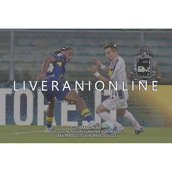 Francisco Conceicao of Juventus FC competes for the ball with Antoine Joseph Bernède of Hellas Verona FC during Hellas Verona FC vs Juventus FC, 4° Serie A Enilive 2025-26 game at Marcantonio Bentegodi stadium in Verona (VR), Italy, on September 20, 2025. (Photo by Davide Casentini) AG ALDO LIVERANI SAS