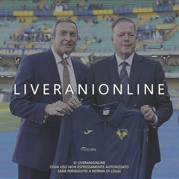 Italo Zanzi Ceo of Hellas Verona FC and Federico Briccolo President of Verona Fiere present partnership for Vinitaly USa before Hellas Verona FC vs Juventus FC, 4° Serie A Enilive 2025-26 game at Marcantonio Bentegodi stadium in Verona (VR), Italy, on September 20, 2025. (Photo by Davide Casentini) AG ALDO LIVERANI SAS