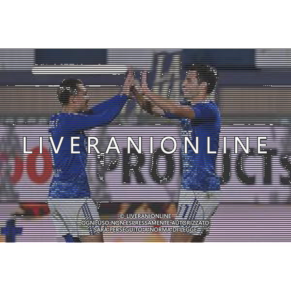 TVRG Como vs Sassuolo nella foto Maxence Caqueret (Como) e Anastasios Tasos Douvikas (Como) esultanza dopo il gol del 2 a 0 Como 24-09-2025 Stadio Giuseppe Sinigaglia Como vs Sassuolo Coppa Italia Frecciarossa - sedicesimi di finale foto Roberto Garavaglia/Agenzia Aldo Liverani sas