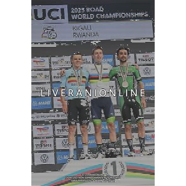 28-09-2025 World Championships Elite; 2025, Uae Team Emirates - Xrg; 2025, Soudal - Quick Step; 2025, Ef Education - Easypost; Pogacar, Tadej; Evenepoel, Remco; Healy, Ben; Kigali; ©SIROTTI - AGENZIA ALDO LIVERANI SAS