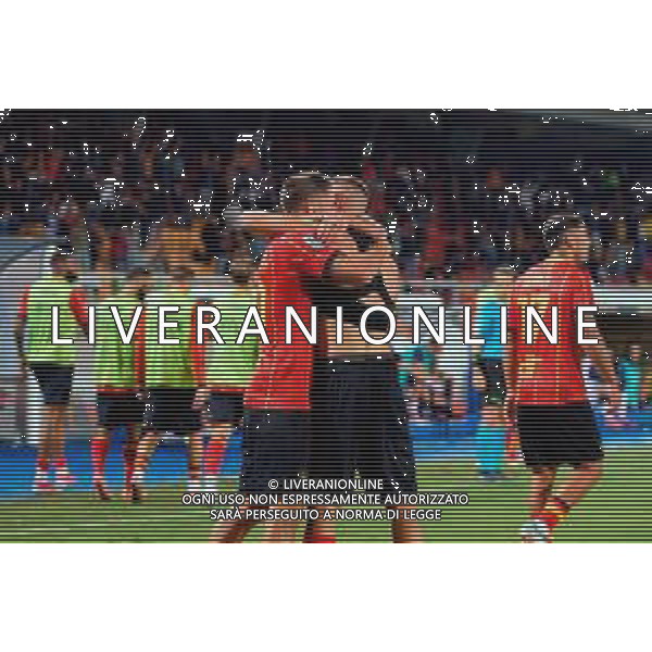 TVEM September 28, 2025 Lecce, Italy - US Lecce vs Bologna FC - Italian soccer serie A 2025/26 - Via Del Mare Stadium. In the pic: Francesco Camarda of US Lecce celebrates after scoring a goal with Medon Berisha of US Lecce FOTO EMMANUELE MASTRODONATO-AG ALDO LIVERANI SAS