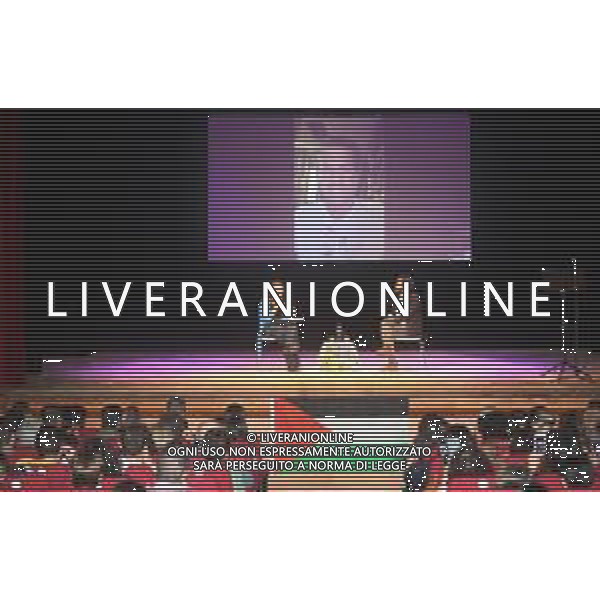 IMOLA TEATRO OSSERVANZA INCONTRO PUBBLICO PER GAZA COLLEGAMENTO CON GIORNALISTA LORENZO D\'AGOSTINO CHE SI TROVA SU BORDO GLOBAL SUMUD FLOTILLA CHE VA VERSO GAZA NELLA FOTO COLLEGAMENTO CON GIORNALISTA LORENZO D\'AGOSTINO ©SANNA - AGENZIA ALDO LIVERANI SAS