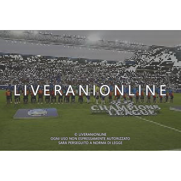 Line up of teams before Atalanta BC vs Club Brugge, Champions League 2025-26 League phase, Matchday 2°, game at New Balance Arena in Bergamo (BG), Italy, on September 30, 2025. (Photo by Davide Casentini)- AGENZIA ALDO LIVERANI SAS