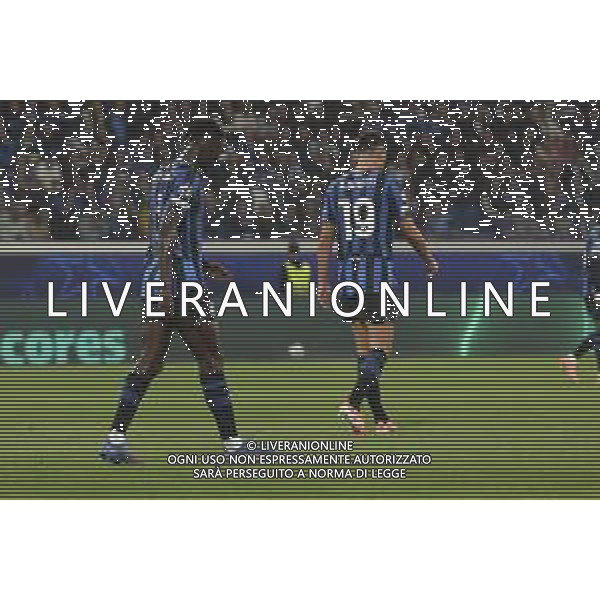 Odilon Kossounou of Atalanta BC and Berat Djimsiti of Atalanta BC expresses disappointment after Christos Tzolis of Club Brugge goal during Atalanta BC vs Club Brugge, Champions League 2025-26 League phase, Matchday 2°, game at New Balance Arena in Bergamo (BG), Italy, on September 30, 2025. (Photo by Davide Casentini)- AGENZIA ALDO LIVERANI SAS