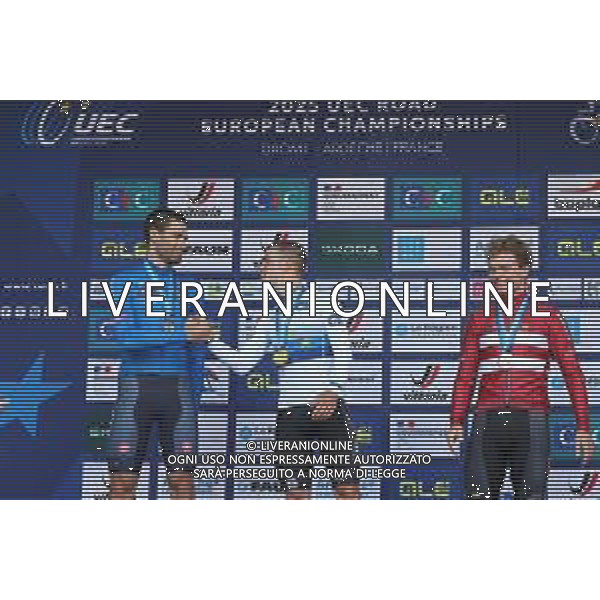 01-10-2025 European Championships Cronometro Elite; 2025, Soudal - Quick Step; 2025, Ineos Grenadiers; 2025, Danimarca; Evenepoel, Remco; Ganna, Filippo; Larsen, Niklas; Etoile Sur Rhone; ©SIROTTI - AGENZIA ALDO LIVERANI SAS