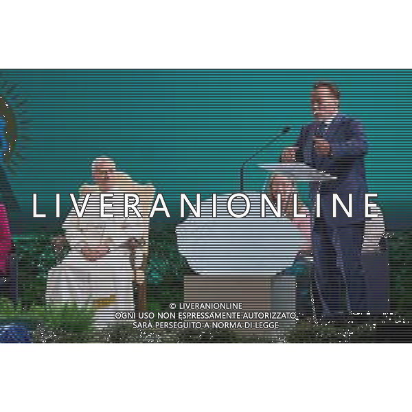 Castel Gandolfo 01 Ottobre 2025 Celebration of Hope - Raising Hope for Climate Justice Nella foto: Papa Leone XIV, Arnold Schwarzenegger Foto Credit: Andrea Bracaglia- AGENZIA ALDO LIVERANI SAS
