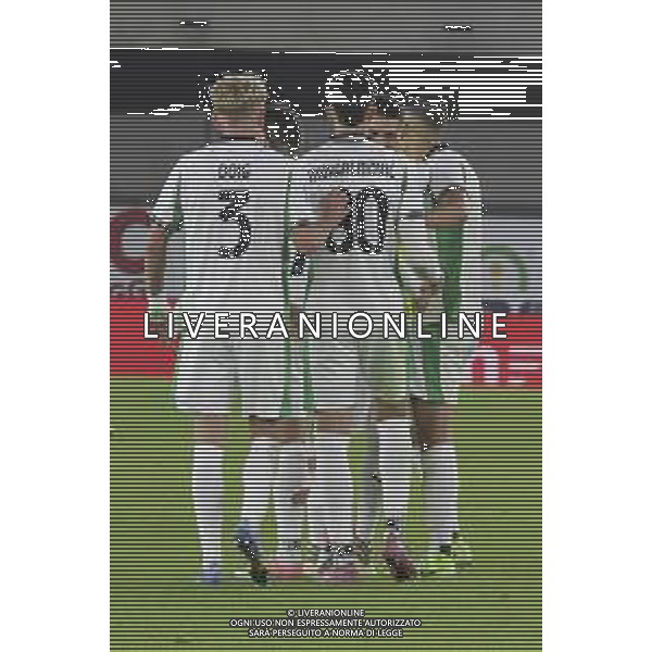 Sassuolo players celebrate the victory at the end of Hellas Verona FC vs US Sassuolo, 6° Serie A Enilive 2025-26 game at Marcantonio Bentegodi stadium in Verona (VR), Italy, on October 03, 2025. (Photo by Davide Casentini)- AGENZIA ALDO LIVERANI SAS