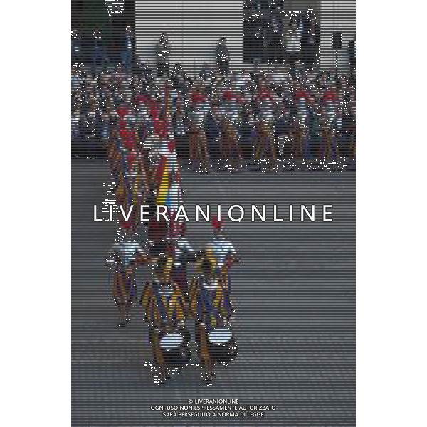 Citta’ del Vaticano 04 Ottobre 2025 Giuramento della Giuramento della Guardia Svizzera Pontificia alla presenza di Sua Santita’ Papa Leone XIV (non accadeva dal 1968 con Paolo VI) nel cortile di San Damaso del Palazzo Apostolico Nella foto: Foto Credit: Andrea Bracaglia- AGENZIA ALDO LIVERANI SAS