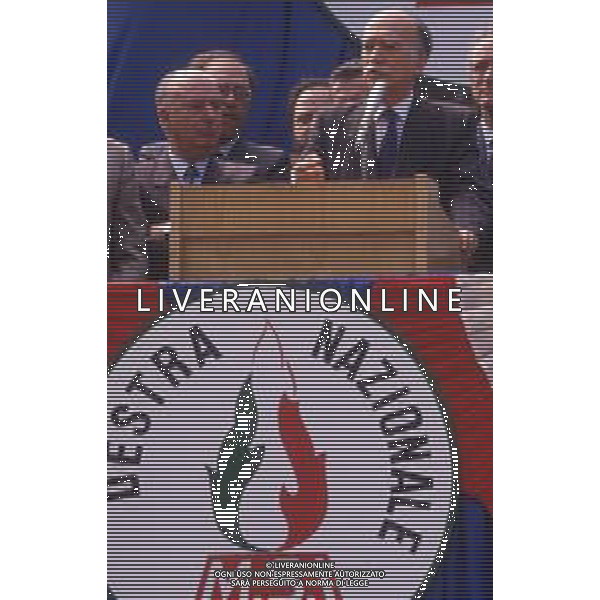 DIAP-RETROSPETTIVA GIORGIO ALMIRANTE POLITICO NELLA FOTO GIORGIO ALMIRANTE IN PIAZZA DUOMO A MILANO NELL\'ANNO 1987 E FRANCO SERVELLO AG ALDO LIVERANI SAS