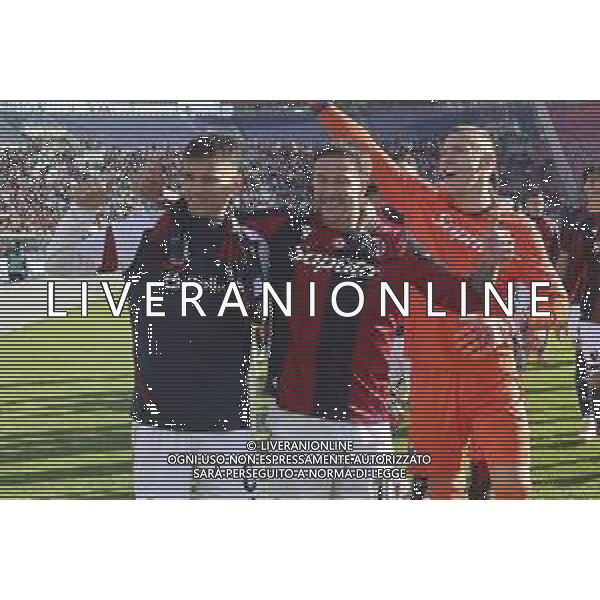 Federico Bernardeschi of Bologna FC and Nikola Moro of Bologna FC celebrate the victory at the end of Bologna BFC vs Pisa SC, 6° Serie A Enilive 2025-26 game at Renato Dall\'Ara stadium in Bologna (BO), Italy, on October 05, 2025. (Photo by Davide Casentini) AG ALDO LIVERANI SAS