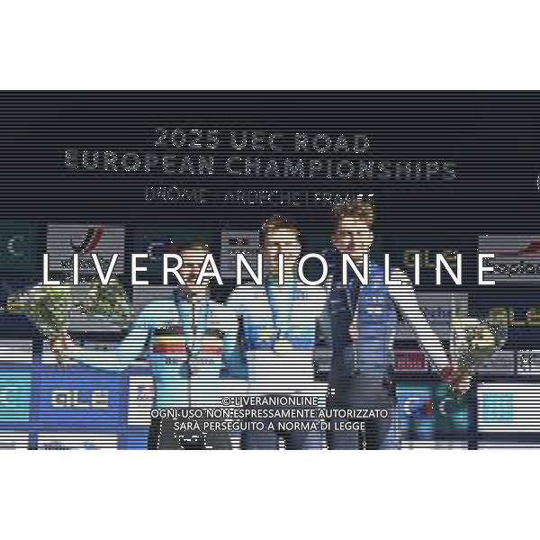 05-10-2025 European Championships Elite; 2025, Uae Team Emirates - Xrg; 2025, Soudal - Quick Step; 2025, Decathlon - Ag2r La Mondiale; Pogacar, Tadej; Evenepoel, Remco; Seixas, Paul; Guilherand Granges; ©SIROTTI - AGENZIA ALDO LIVERANI SAS