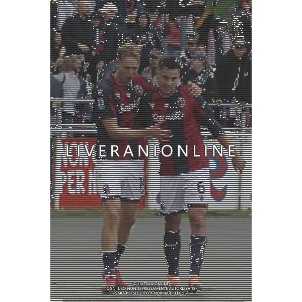 Nikola Moro of Bologna FC celebrates with Torbjorn Lysaker Heggem of Bologna FC during Bologna BFC vs Pisa SC, 6° Serie A Enilive 2025-26 game at Renato Dall\'Ara stadium in Bologna (BO), Italy, on October 05, 2025. (Photo by Davide Casentini) AG ALDO LIVERANI SAS