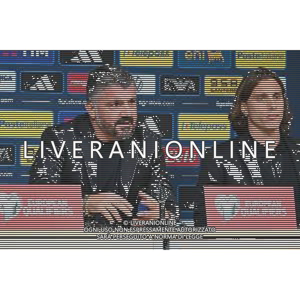 TVPG Estonia vs Italia nella foto Gennaro Gattuso (CT Italia) e Riccardo Calafiori (Italia), t10-10-2025 A. Le Coq Arena, Tallinn (EST) - Italia Pre match Press Conference European Qualifiers - FIFA World Cup 2026 Matchday 7 ©TVPG Pasquale Golia - AG ALDO LIVERANI SAS