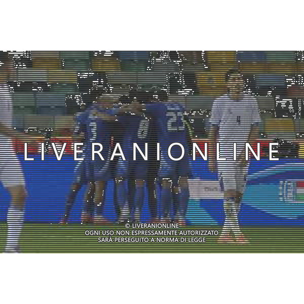 mateo Retegui of Italy celebrates with team mate during Italy vs Israel, European Qualifier, Group I, matchday 8, game at Bluenergy stadium in Udine (UD), Italy, on October 14, 2025. (Photo by Davide Casentini) ©TVDC Casentini Davide - AGENZIA ALDO LIVERANI SAS